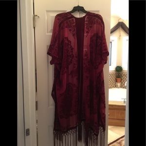 Gorgeous burgundy fringed burnout velvet kimono